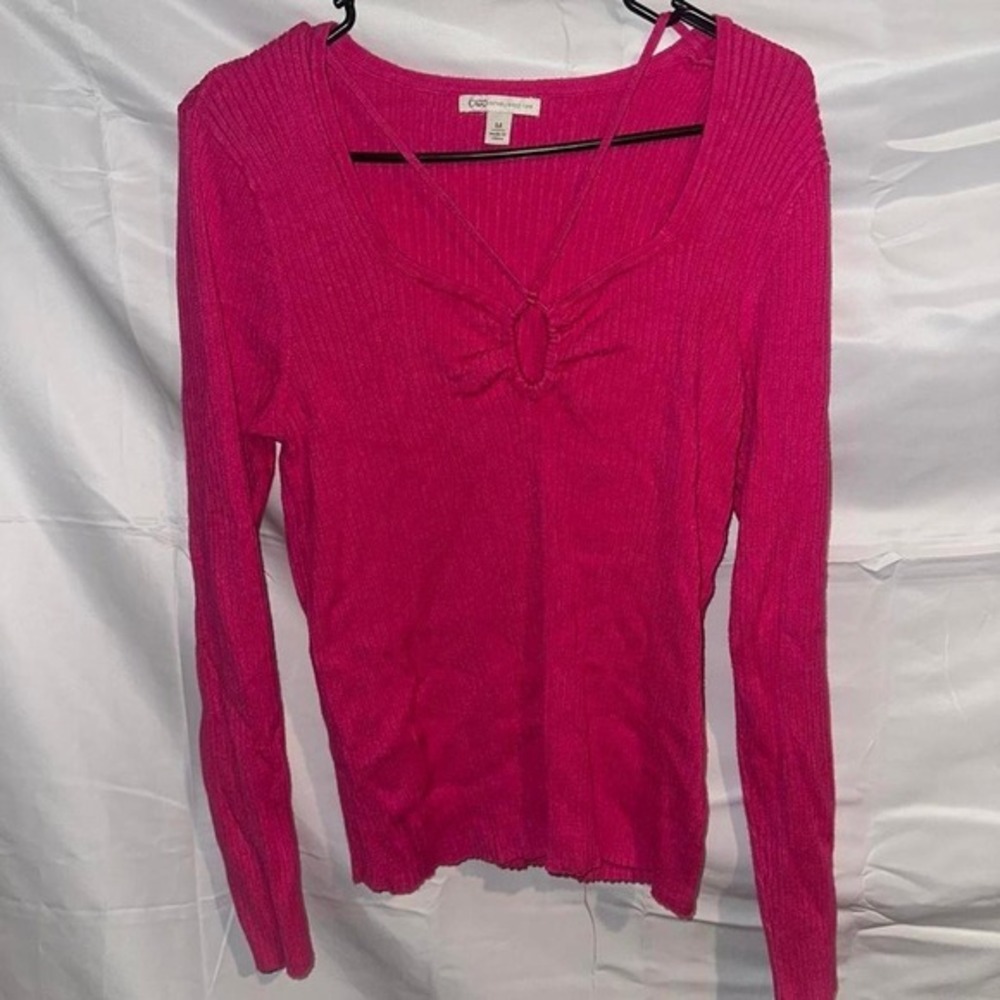 Cato Hot Pink Ribbed Knit Long Sleeve Top V-Neck Ring Detail Y2K Style Medium